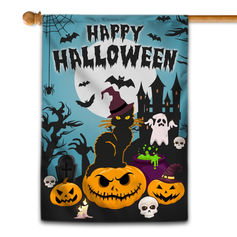 Halloween Welcome Flag Pumpkins Ghosts Black Cats Autumn Flag | Teecentury.com