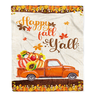 Happy Fall Y'all Autumn Thanksgiving Truck with Pumpkin and Retro Fleece Blanket Blanket | Teecentury.com