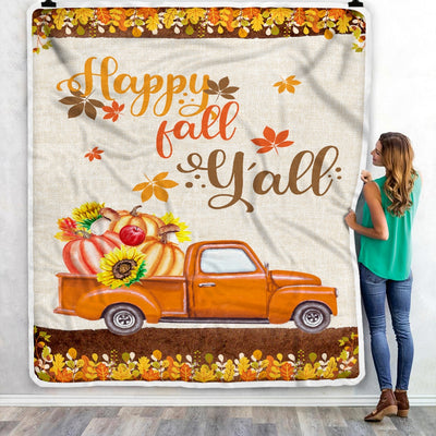 Happy Fall Y'all Autumn Thanksgiving Truck with Pumpkin and Retro Fleece Blanket Blanket | Teecentury.com