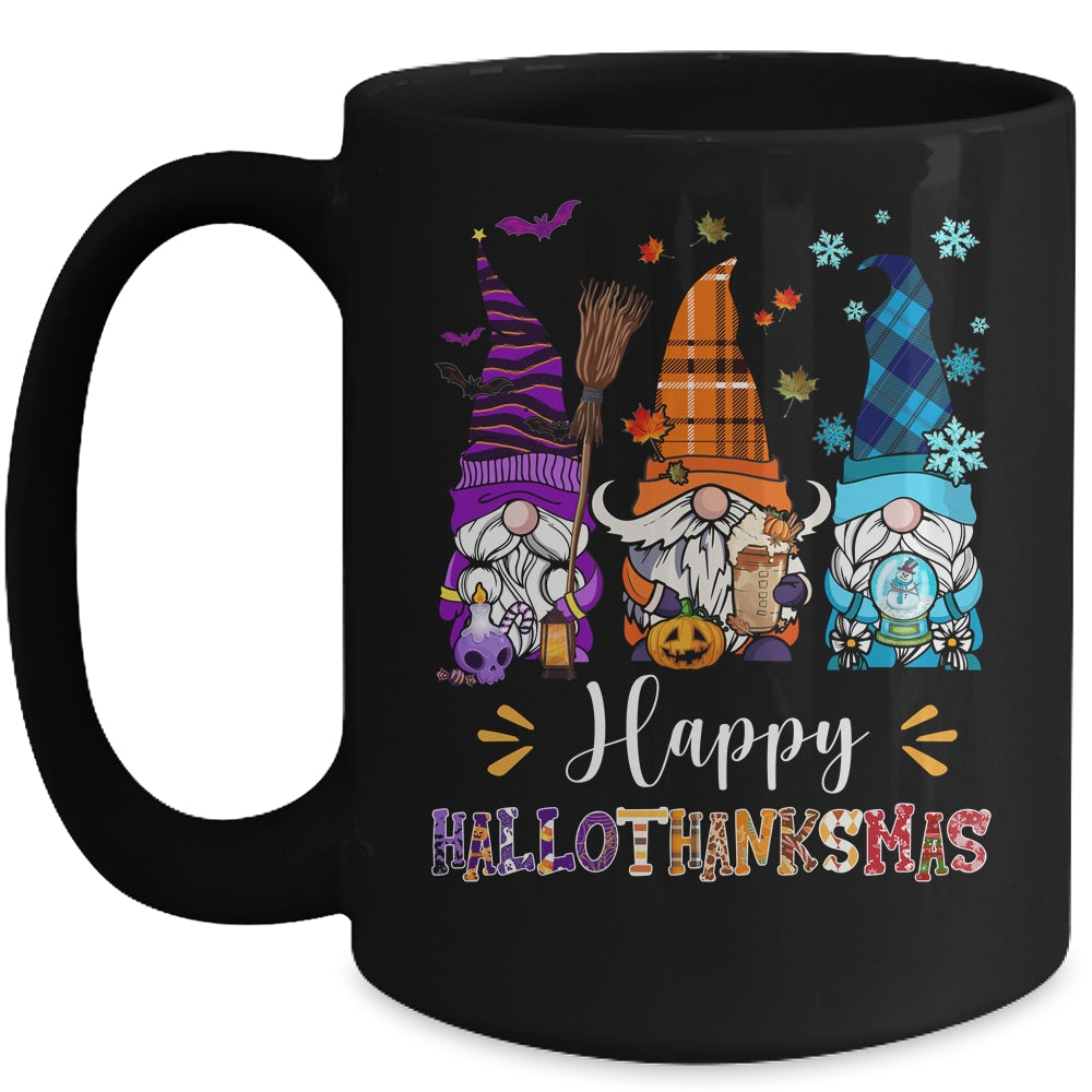 Happy Hallothanksmas Gnomes Halloween Thanksgiving Christmas Mug | teecentury