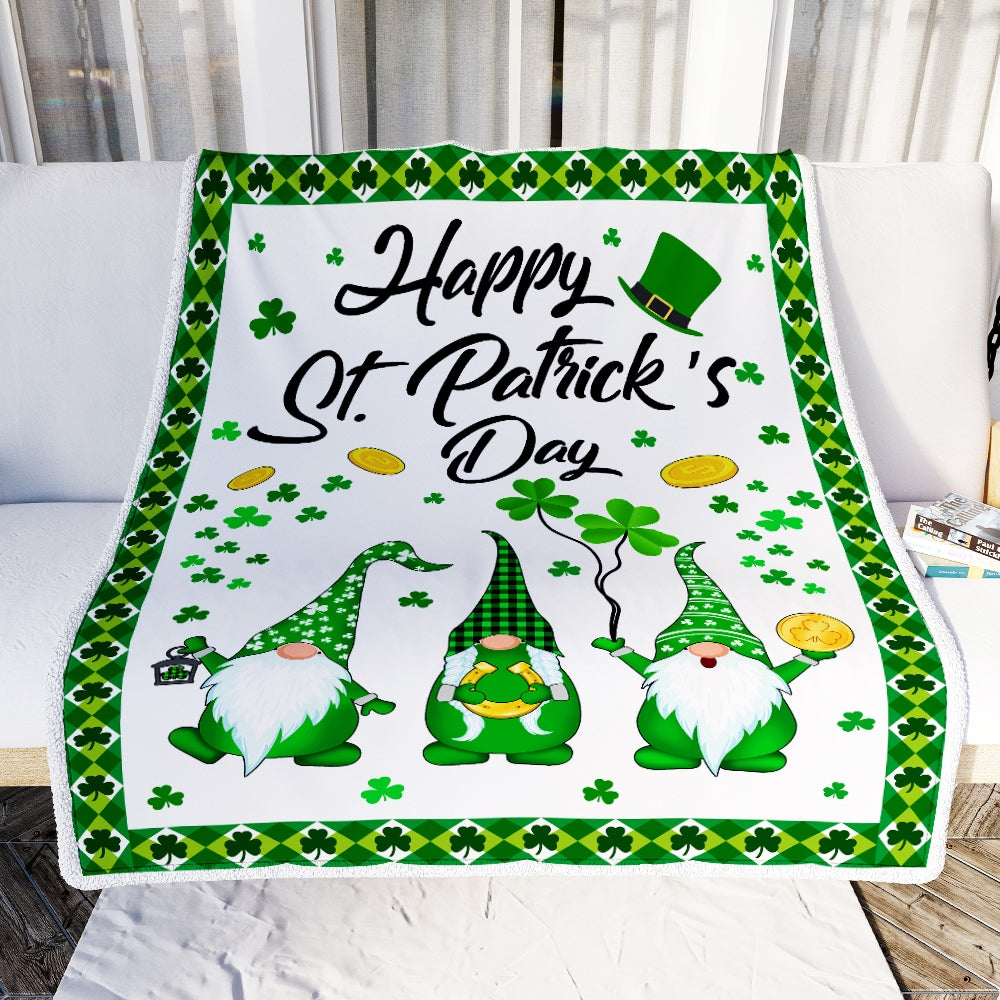 Happy St. Patrick's Day Shamrock Gnome Coins Fleece Blanket Blanket | Teecentury.com