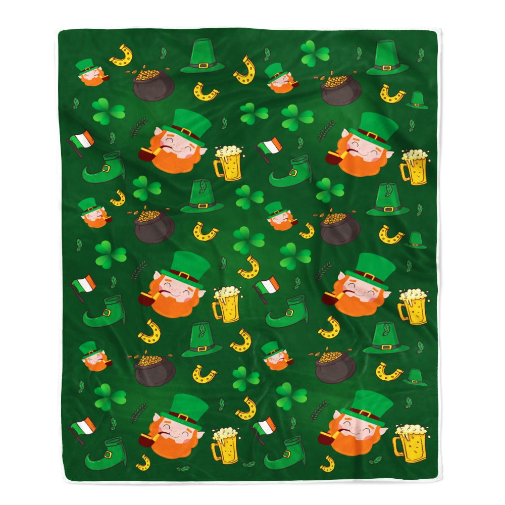Happy St Patrick's Day Leprechaun Men Gold Coins And Clover Fleece Blanket Blanket | Teecentury.com