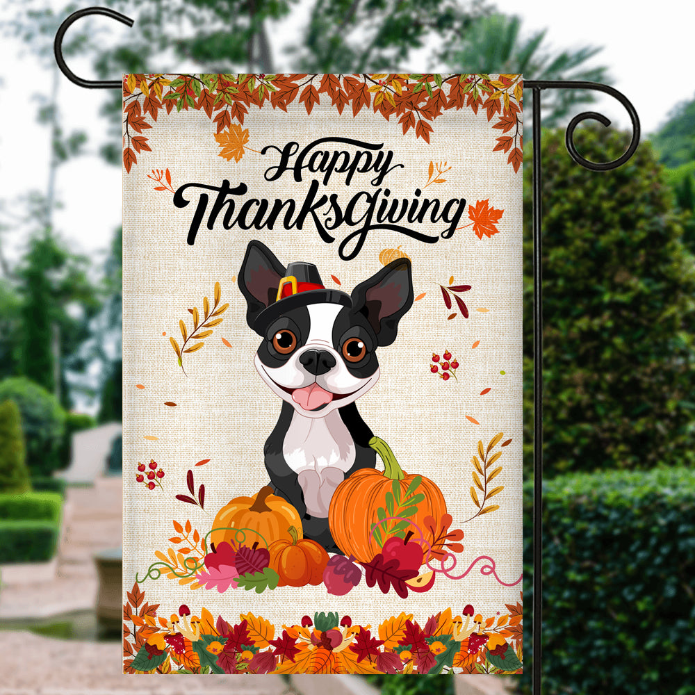 Happy Thanksgiving Funny Boston Terrier Flag Fall Pumpkin Farmhouse Autumn Thanksgiving Flag | Teecentury.com
