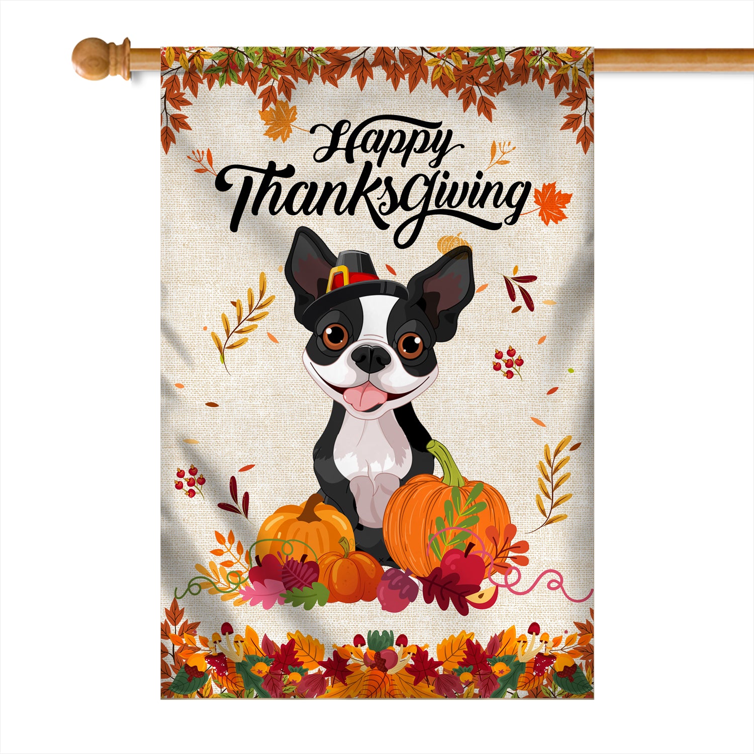 Happy Thanksgiving Funny Boston Terrier Flag Fall Pumpkin Farmhouse Autumn Thanksgiving Flag | Teecentury.com