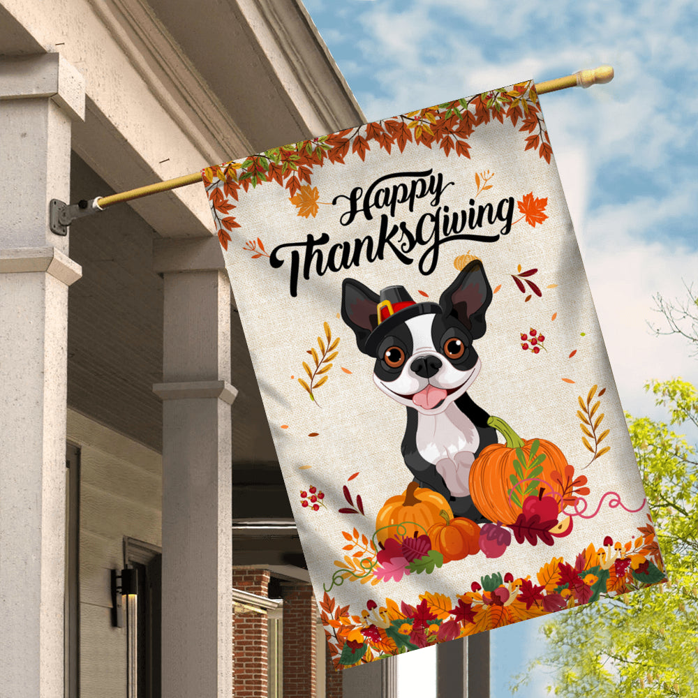 Happy Thanksgiving Funny Boston Terrier Flag Fall Pumpkin Farmhouse Autumn Thanksgiving Flag | Teecentury.com