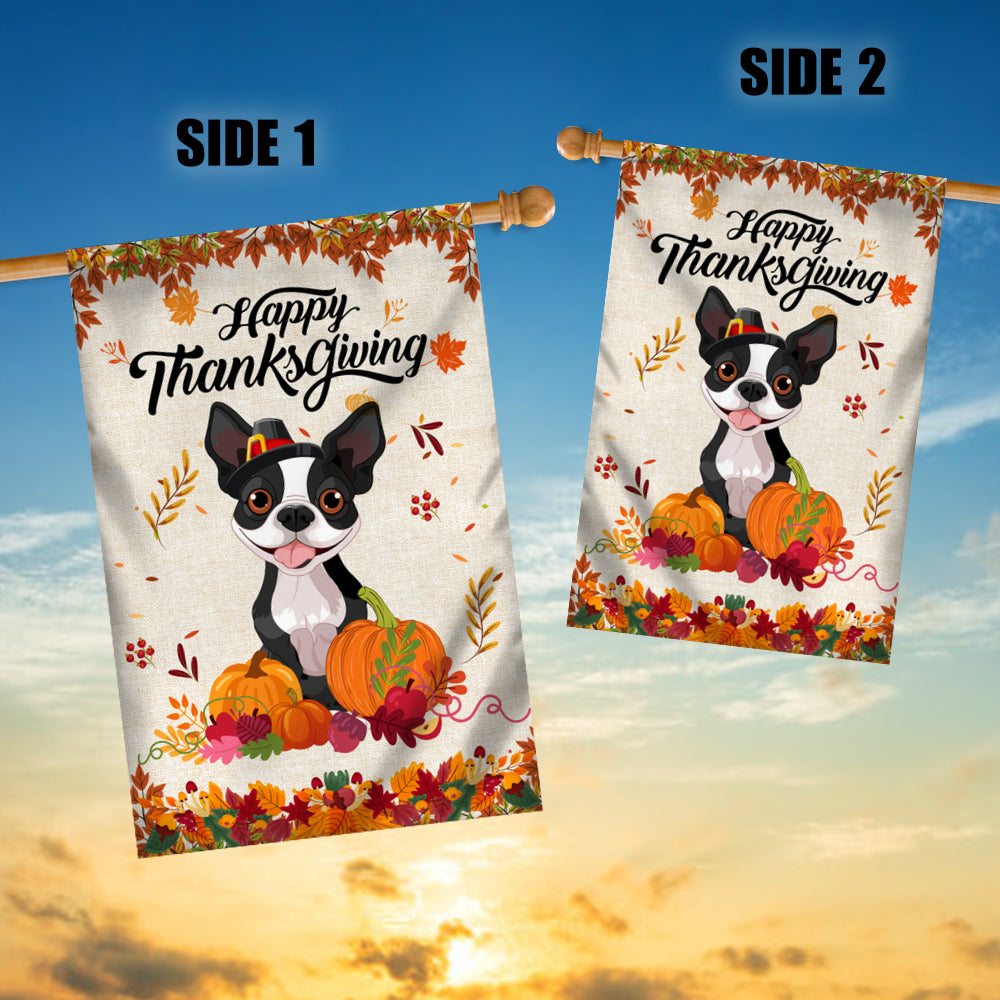 Happy Thanksgiving Funny Boston Terrier Flag Fall Pumpkin Farmhouse Autumn Thanksgiving Flag | Teecentury.com