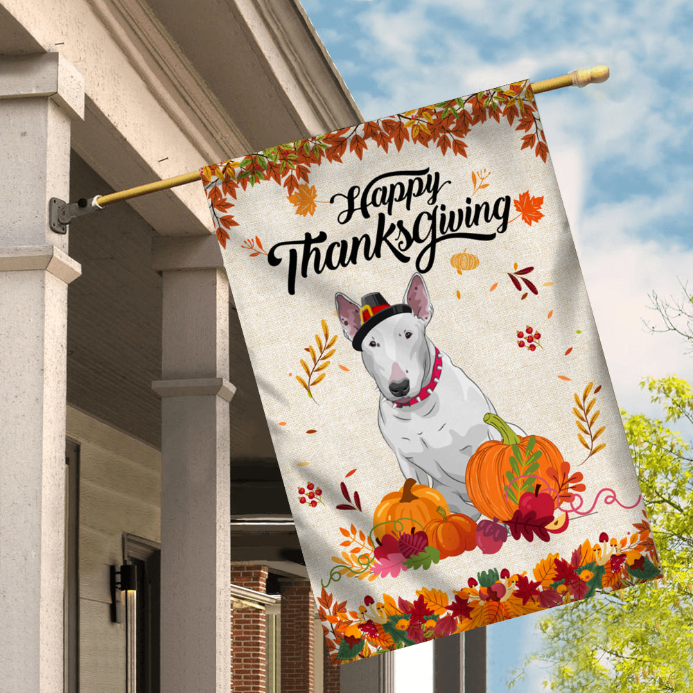 Happy Thanksgiving Funny Bull Terrier Flag Fall Pumpkin Farmhouse Autumn Thanksgiving Flag | Teecentury.com