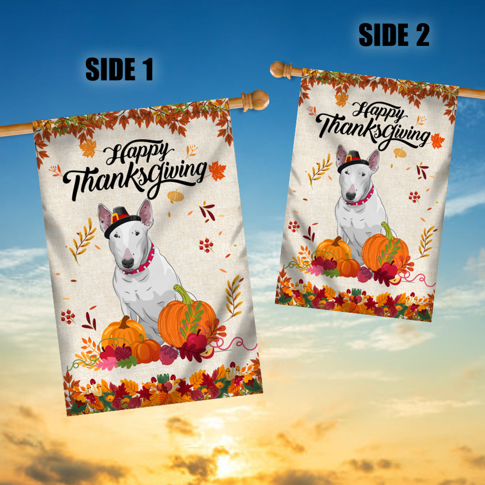 Happy Thanksgiving Funny Bull Terrier Flag Fall Pumpkin Farmhouse Autumn Thanksgiving Flag | Teecentury.com
