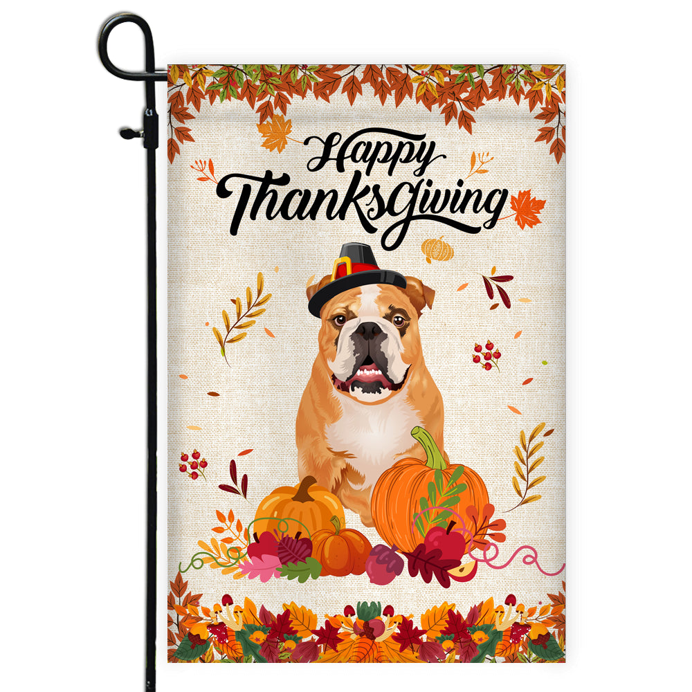 Happy Thanksgiving Funny Bulldog Flag Fall Pumpkin Farmhouse Autumn Thanksgiving Flag | Teecentury.com