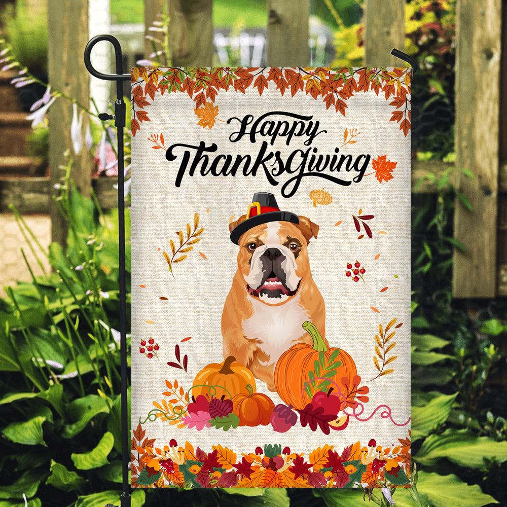 Happy Thanksgiving Funny Bulldog Flag Fall Pumpkin Farmhouse Autumn Thanksgiving Flag | Teecentury.com