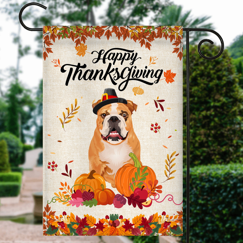 Happy Thanksgiving Funny Bulldog Flag Fall Pumpkin Farmhouse Autumn Thanksgiving Flag | Teecentury.com
