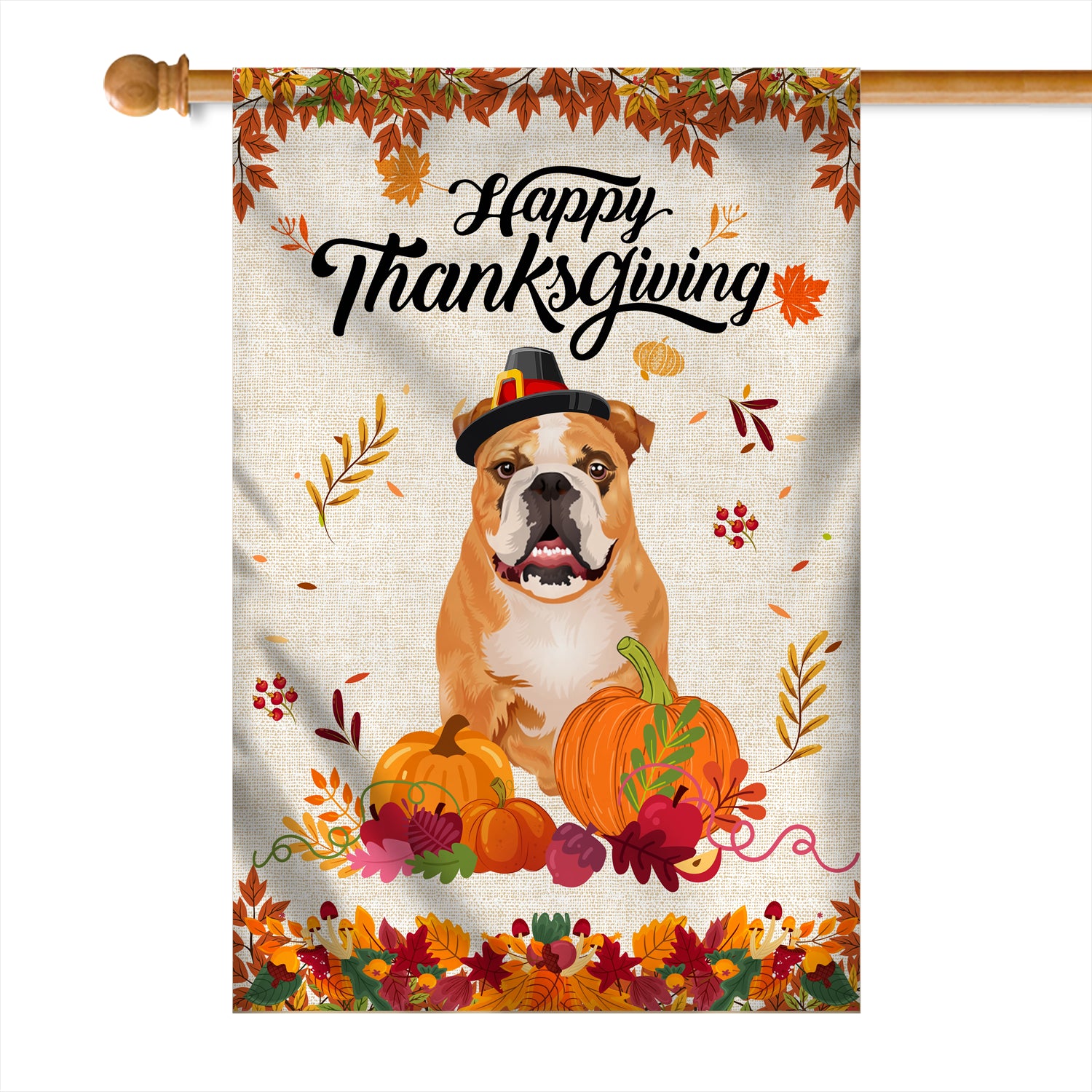 Happy Thanksgiving Funny Bulldog Flag Fall Pumpkin Farmhouse Autumn Thanksgiving Flag | Teecentury.com