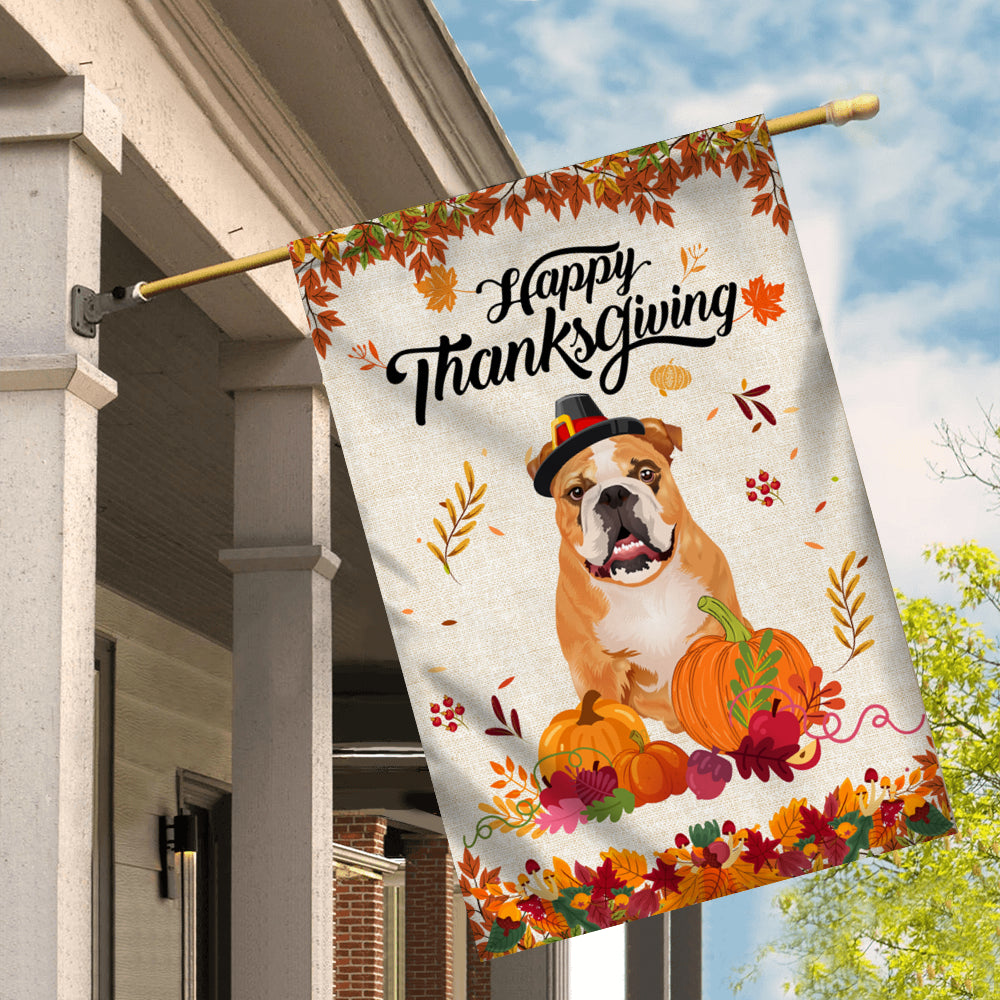 Happy Thanksgiving Funny Bulldog Flag Fall Pumpkin Farmhouse Autumn Thanksgiving Flag | Teecentury.com