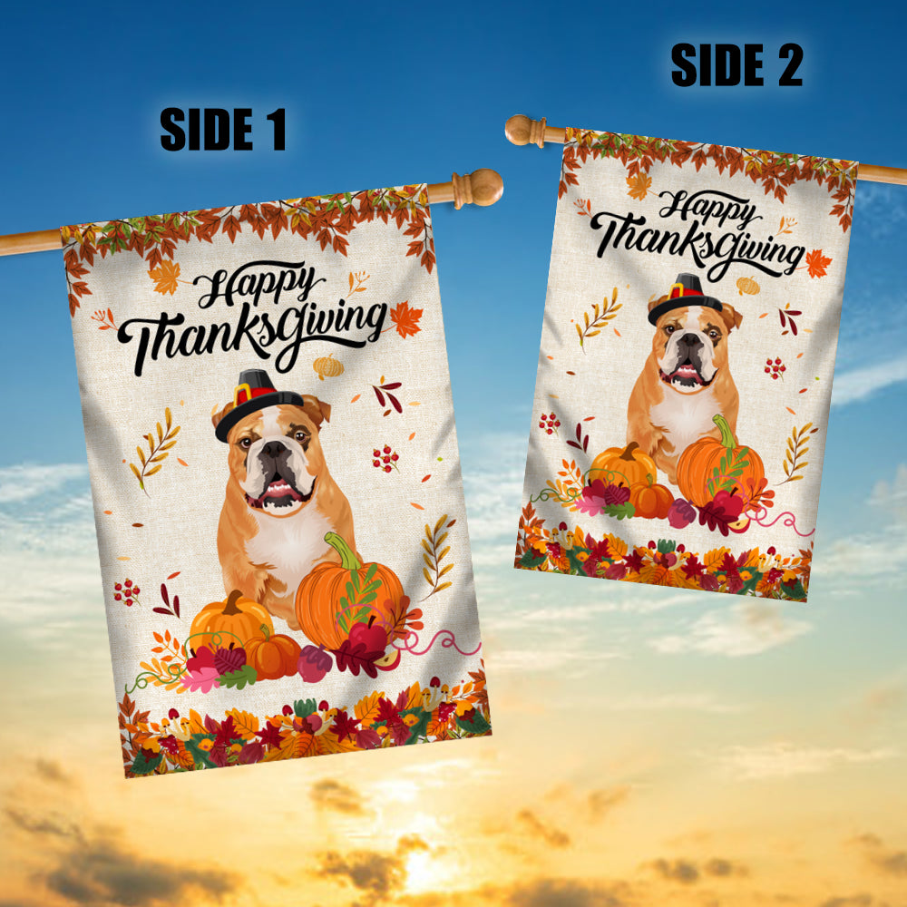 Happy Thanksgiving Funny Bulldog Flag Fall Pumpkin Farmhouse Autumn Thanksgiving Flag | Teecentury.com