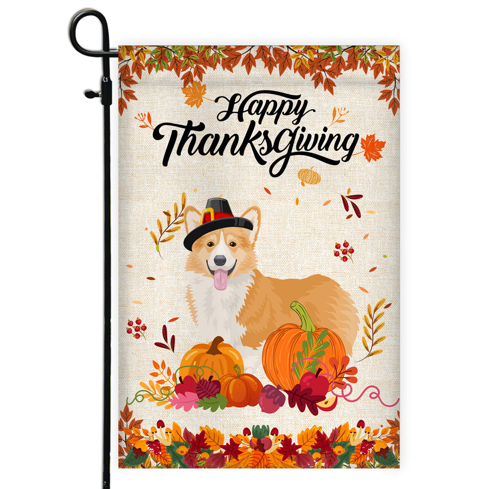 Happy Thanksgiving Funny Corgi Flag Fall Pumpkin Farmhouse Autumn Thanksgiving Flag | Teecentury.com