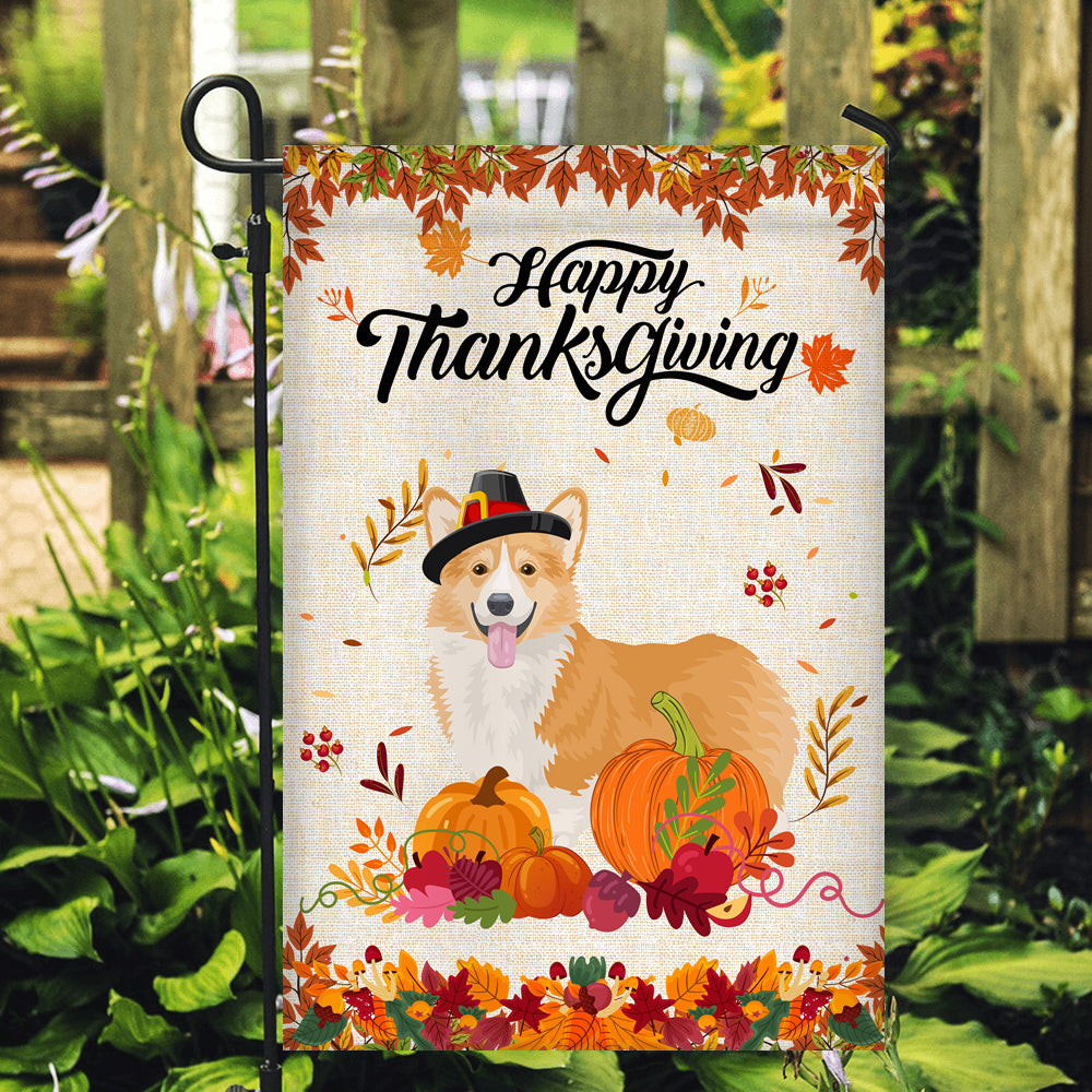 Happy Thanksgiving Funny Corgi Flag Fall Pumpkin Farmhouse Autumn Thanksgiving Flag | Teecentury.com