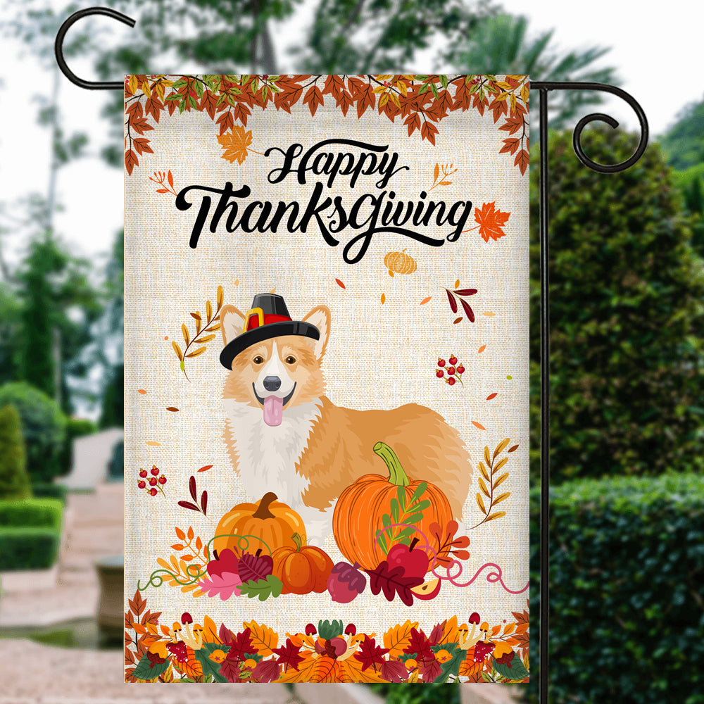 Happy Thanksgiving Funny Corgi Flag Fall Pumpkin Farmhouse Autumn Thanksgiving Flag | Teecentury.com