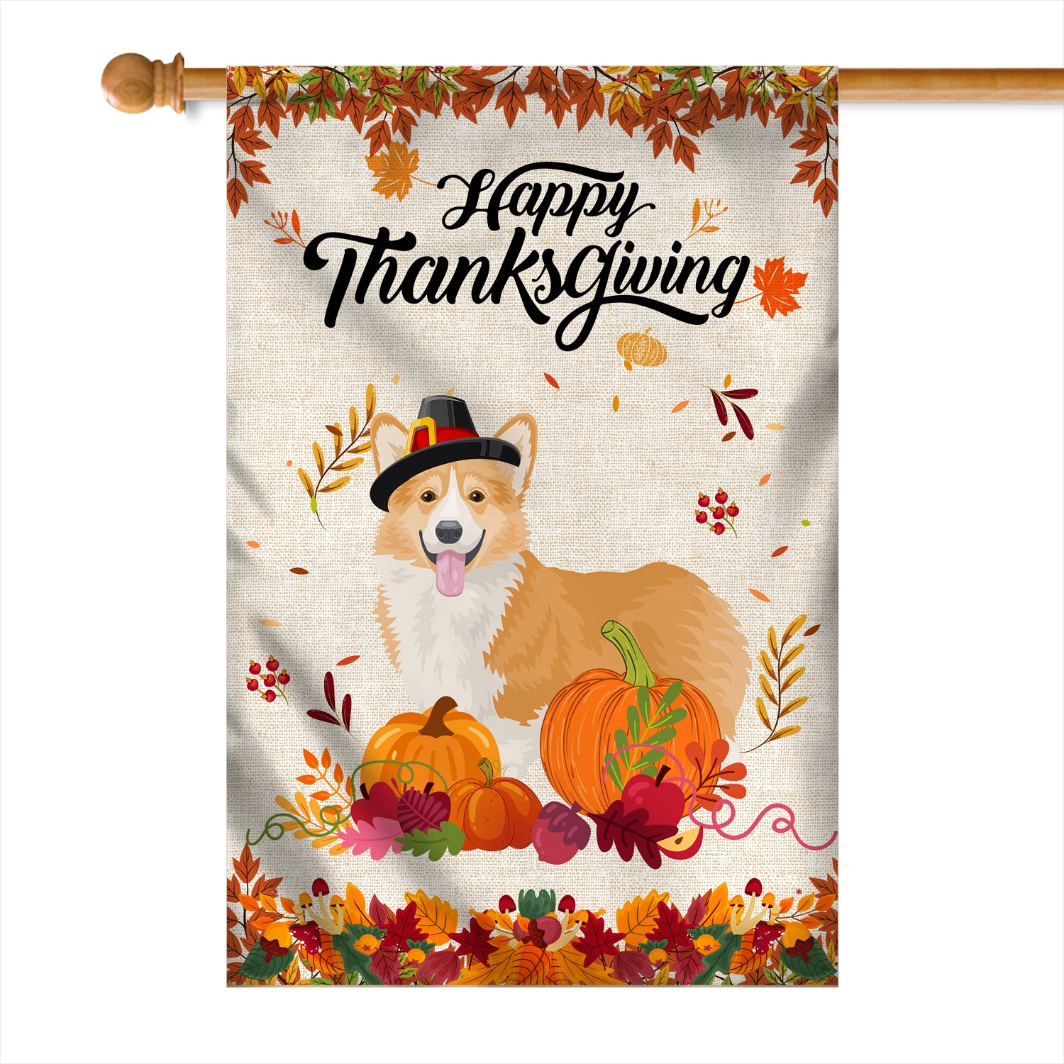 Happy Thanksgiving Funny Corgi Flag Fall Pumpkin Farmhouse Autumn Thanksgiving Flag | Teecentury.com