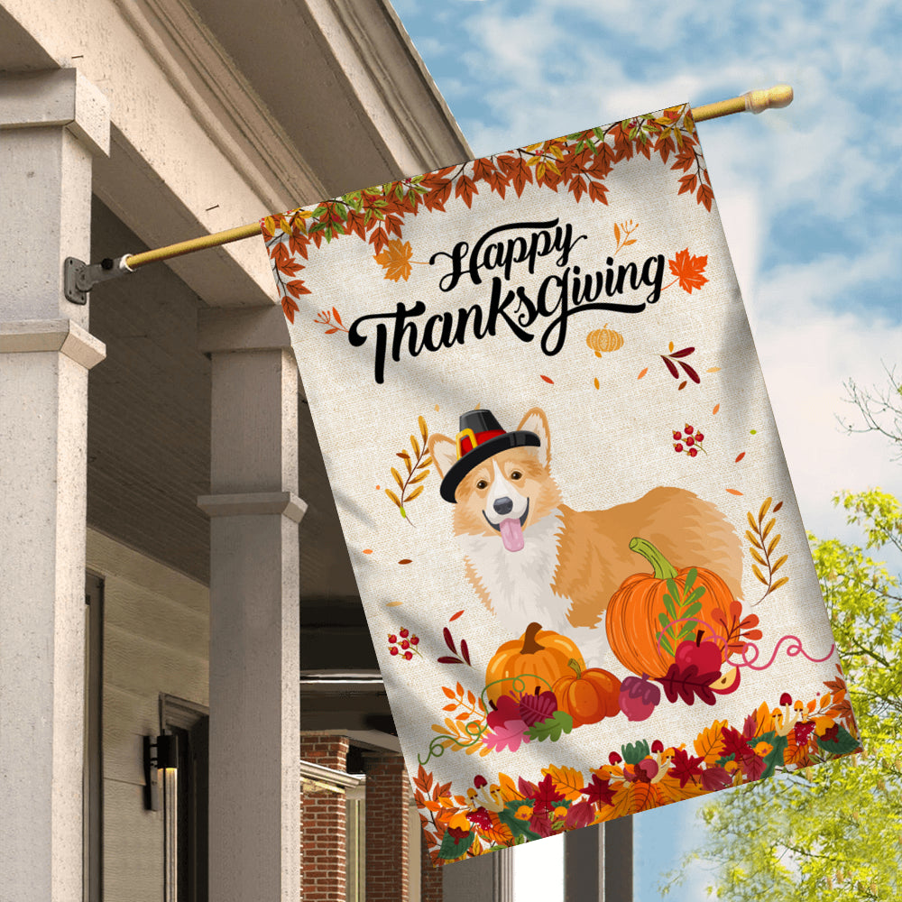 Happy Thanksgiving Funny Corgi Flag Fall Pumpkin Farmhouse Autumn Thanksgiving Flag | Teecentury.com