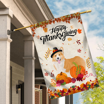 Happy Thanksgiving Funny Corgi Flag Fall Pumpkin Farmhouse Autumn Thanksgiving Flag | Teecentury.com