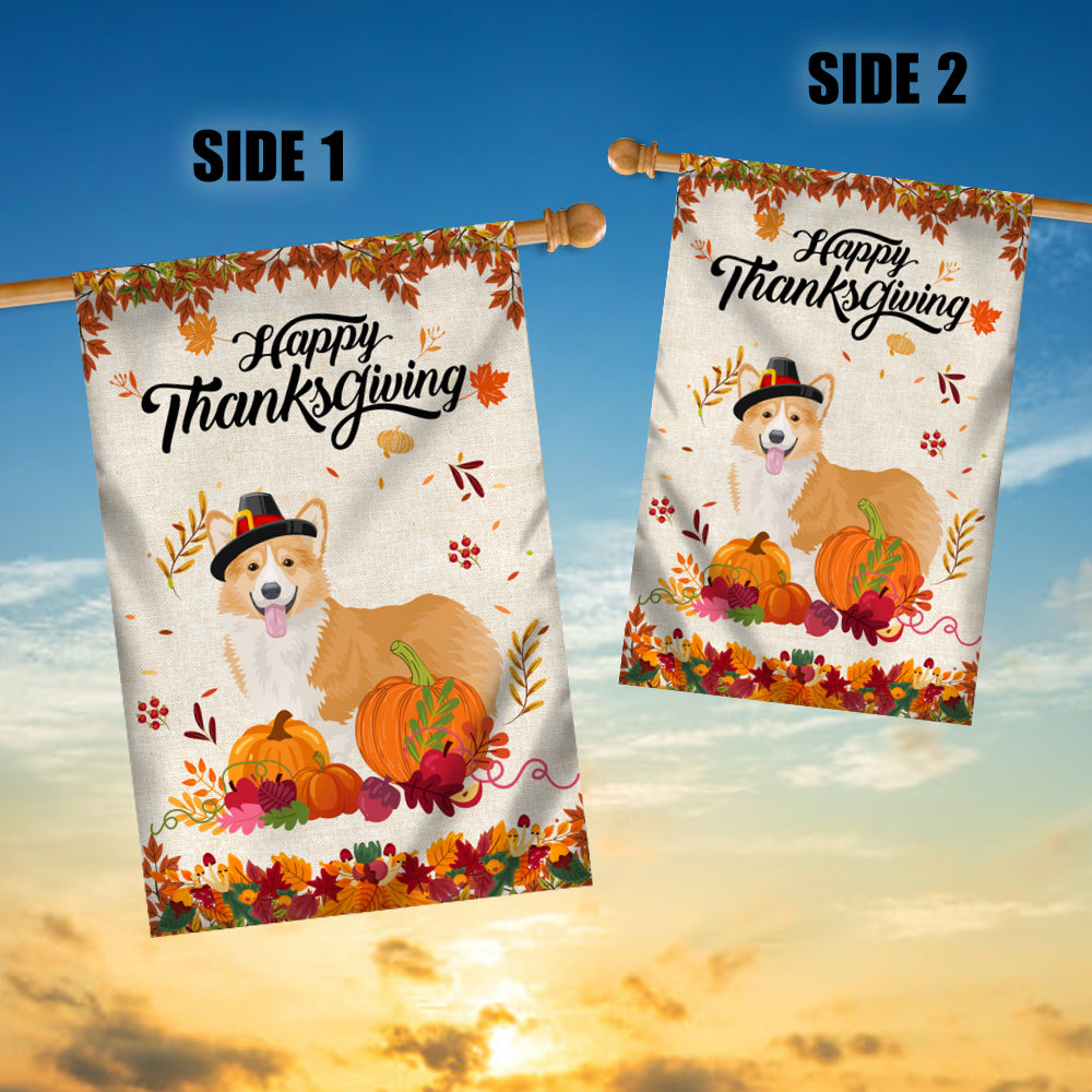 Happy Thanksgiving Funny Corgi Flag Fall Pumpkin Farmhouse Autumn Thanksgiving Flag | Teecentury.com