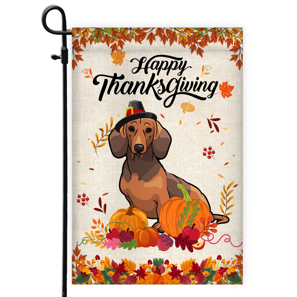 Happy Thanksgiving Funny Dachshund Flag Fall Pumpkin Farmhouse Autumn Thanksgiving Flag | Teecentury.com