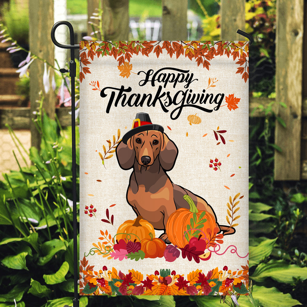 Happy Thanksgiving Funny Dachshund Flag Fall Pumpkin Farmhouse Autumn Thanksgiving Flag | Teecentury.com