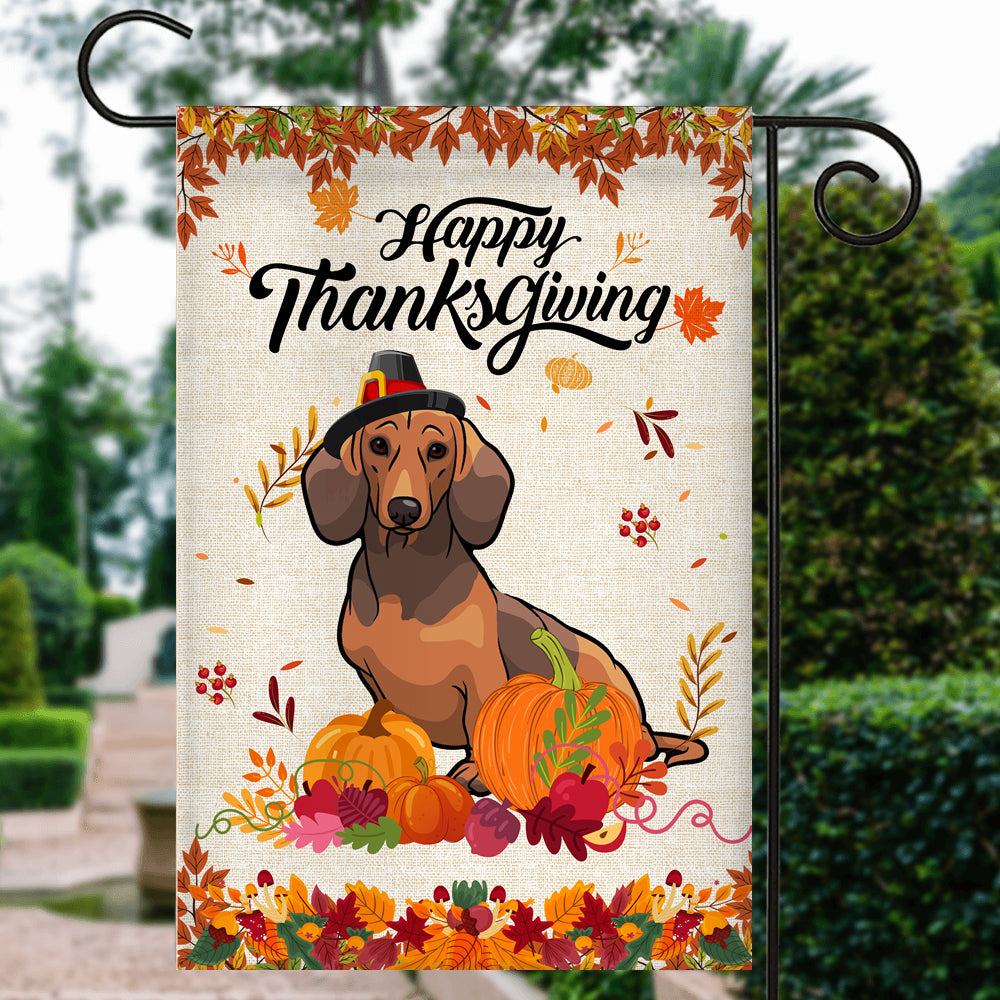 Happy Thanksgiving Funny Dachshund Flag Fall Pumpkin Farmhouse Autumn Thanksgiving Flag | Teecentury.com