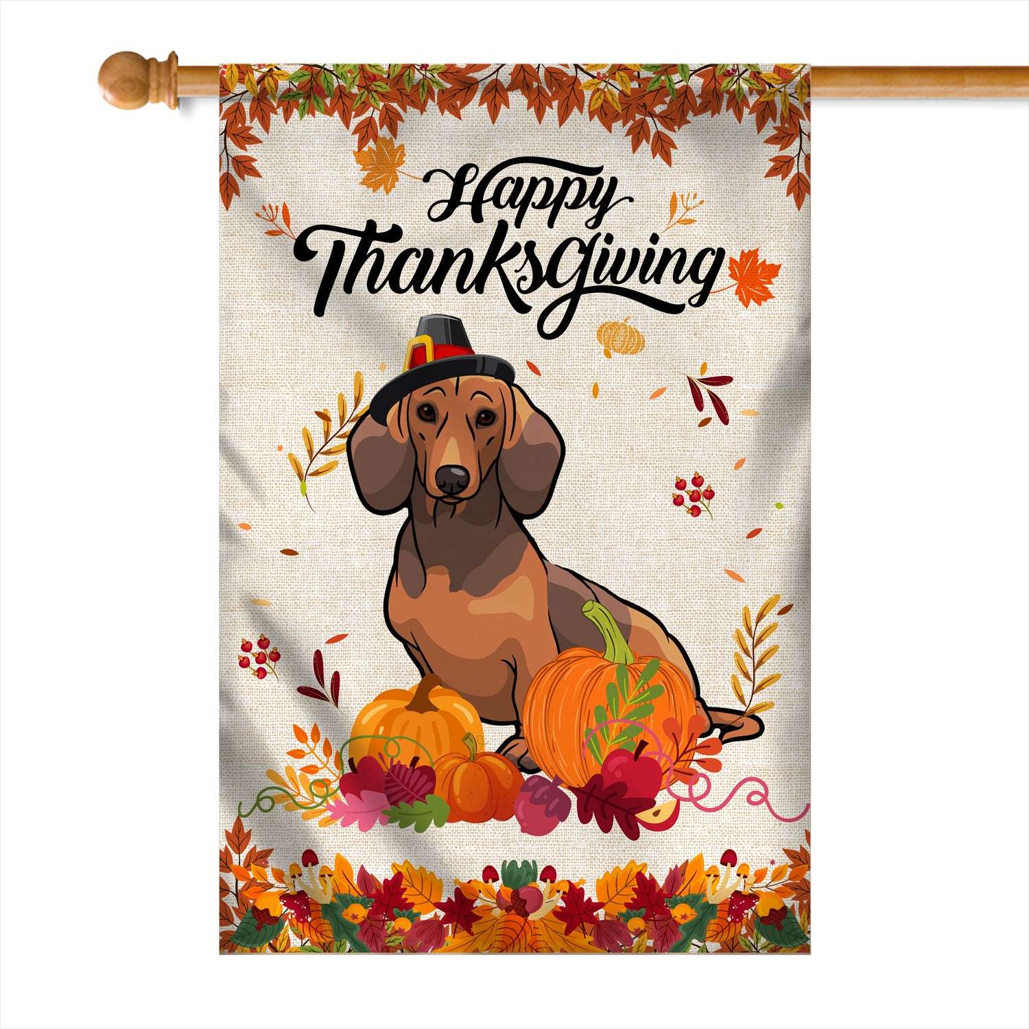 Happy Thanksgiving Funny Dachshund Flag Fall Pumpkin Farmhouse Autumn Thanksgiving Flag | Teecentury.com