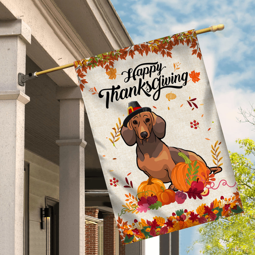 Happy Thanksgiving Funny Dachshund Flag Fall Pumpkin Farmhouse Autumn Thanksgiving Flag | Teecentury.com