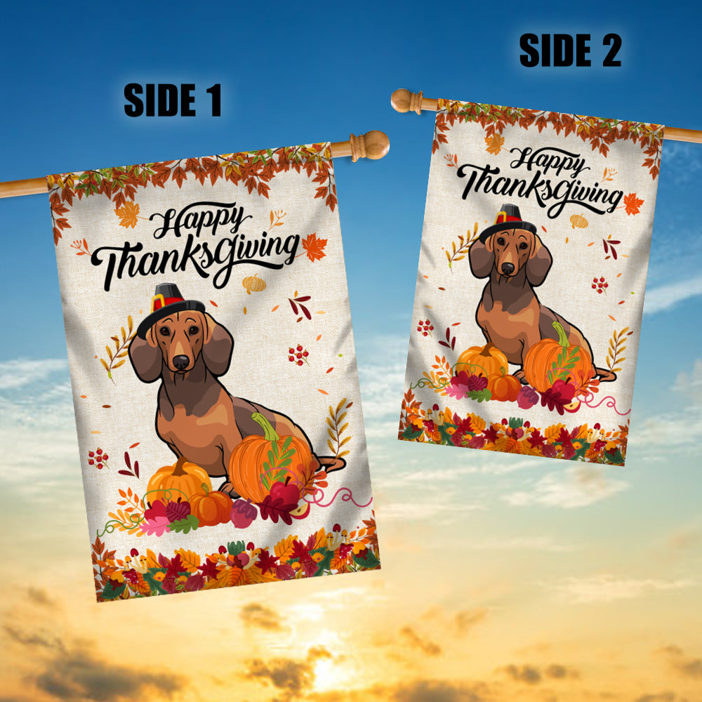 Happy Thanksgiving Funny Dachshund Flag Fall Pumpkin Farmhouse Autumn Thanksgiving Flag | Teecentury.com