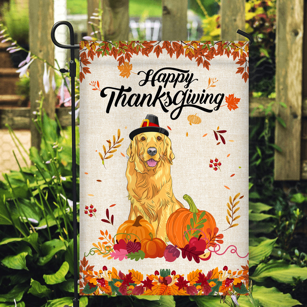 Happy Thanksgiving Funny Golden Retriever Flag Fall Pumpkin Farmhouse Autumn Thanksgiving Flag | Teecentury.com