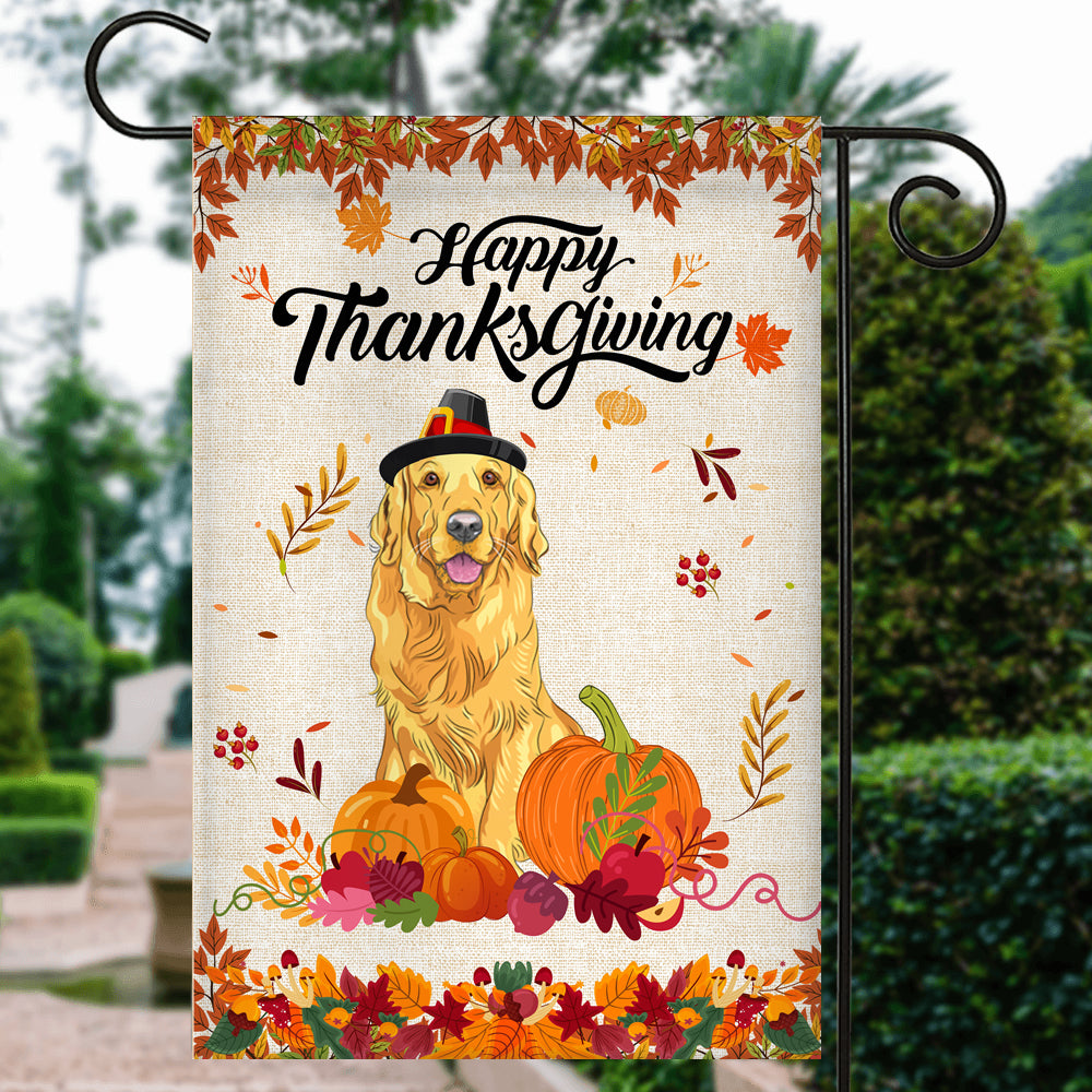Happy Thanksgiving Funny Golden Retriever Flag Fall Pumpkin Farmhouse Autumn Thanksgiving Flag | Teecentury.com