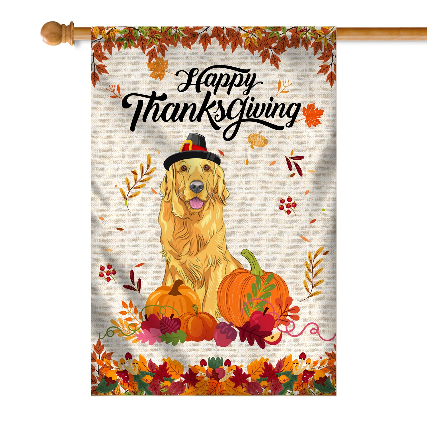 Happy Thanksgiving Funny Golden Retriever Flag Fall Pumpkin Farmhouse Autumn Thanksgiving Flag | Teecentury.com