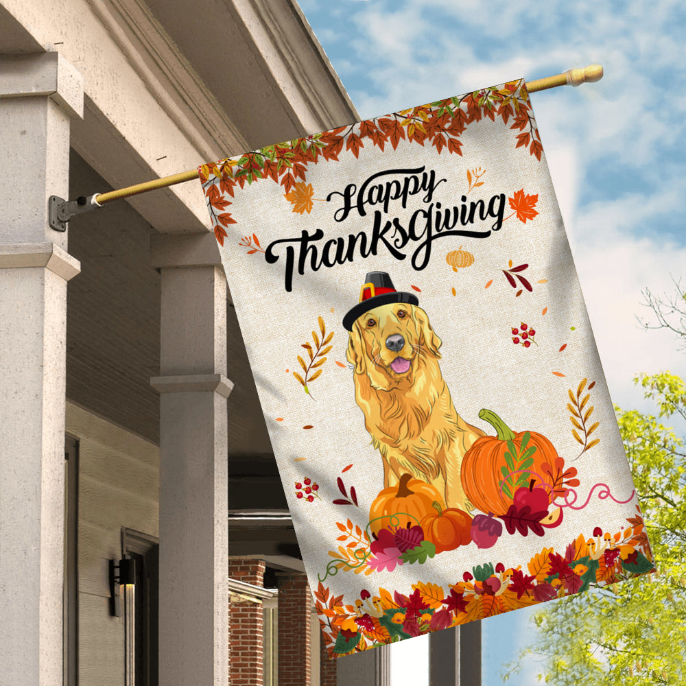 Happy Thanksgiving Funny Golden Retriever Flag Fall Pumpkin Farmhouse Autumn Thanksgiving Flag | Teecentury.com