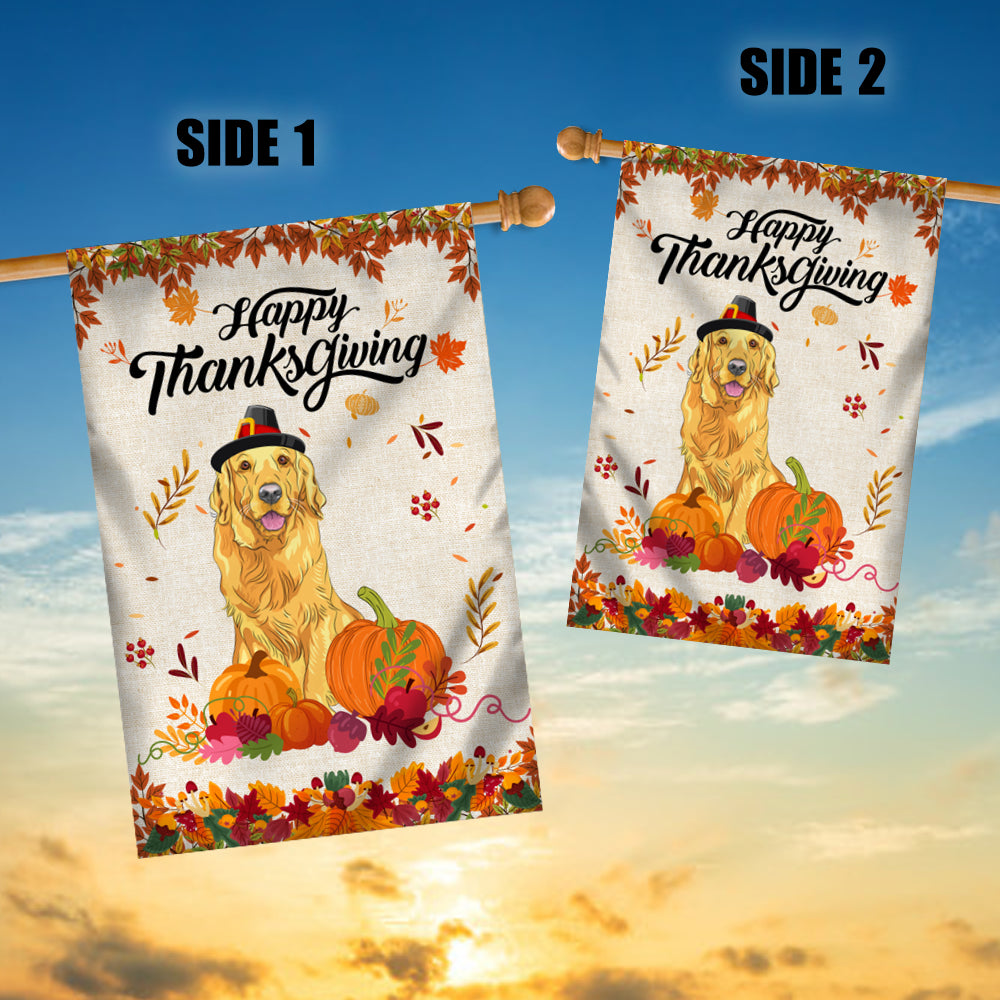 Happy Thanksgiving Funny Golden Retriever Flag Fall Pumpkin Farmhouse Autumn Thanksgiving Flag | Teecentury.com