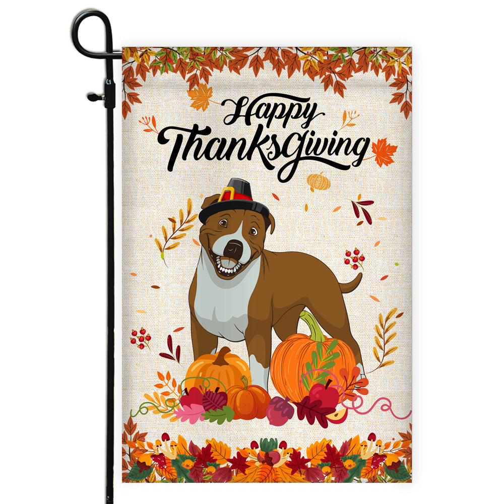 Happy Thanksgiving Funny Pitbull Flag Fall Pumpkin Farmhouse Autumn Thanksgiving Flag | Teecentury.com