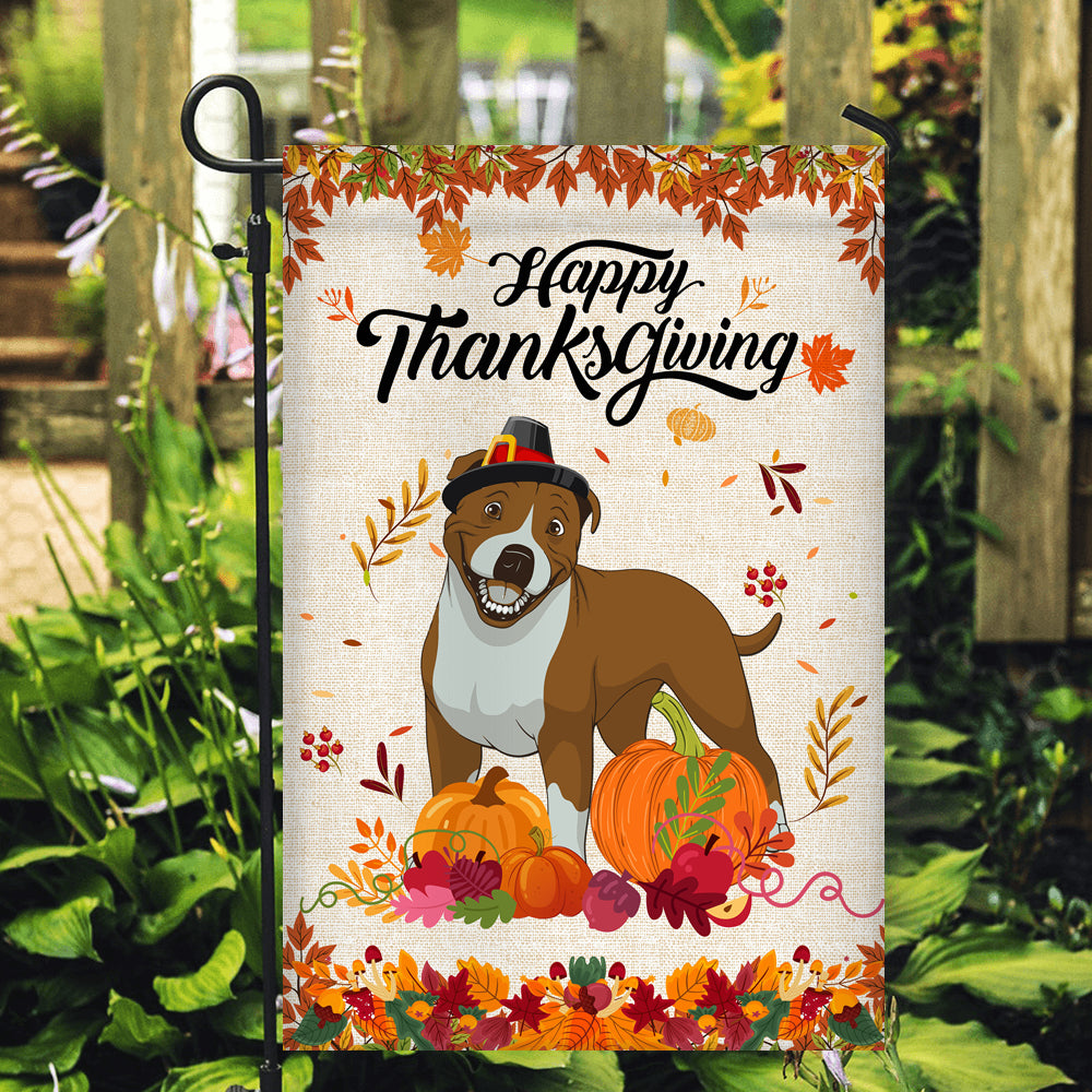 Happy Thanksgiving Funny Pitbull Flag Fall Pumpkin Farmhouse Autumn Thanksgiving Flag | Teecentury.com