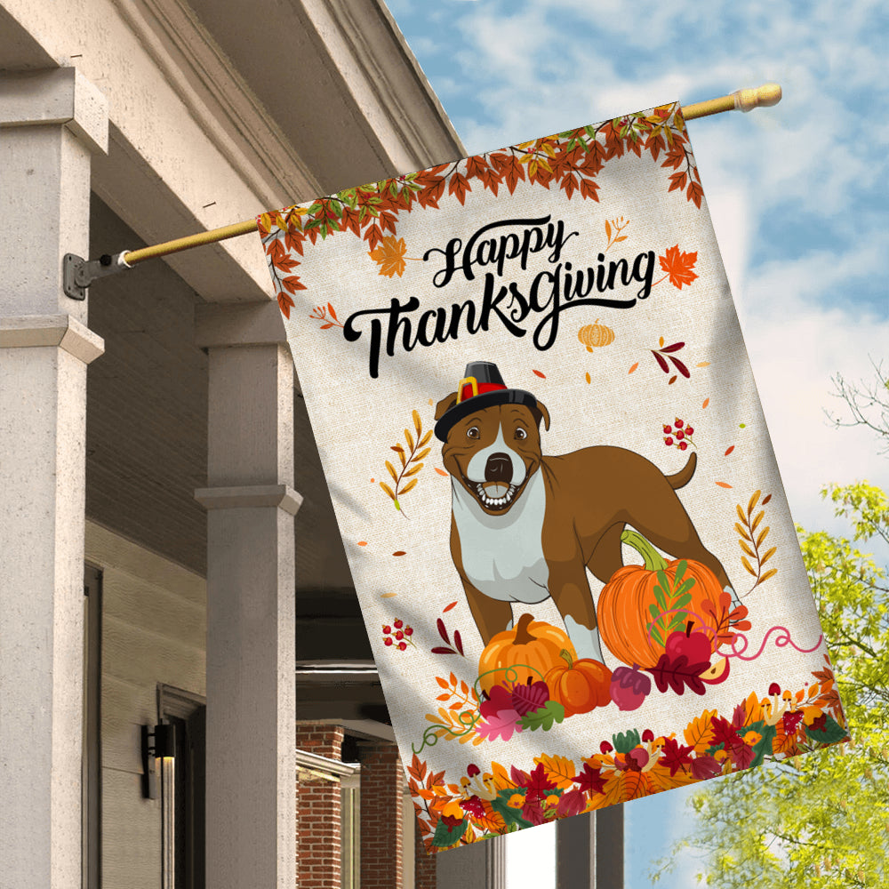 Happy Thanksgiving Funny Pitbull Flag Fall Pumpkin Farmhouse Autumn Thanksgiving Flag | Teecentury.com