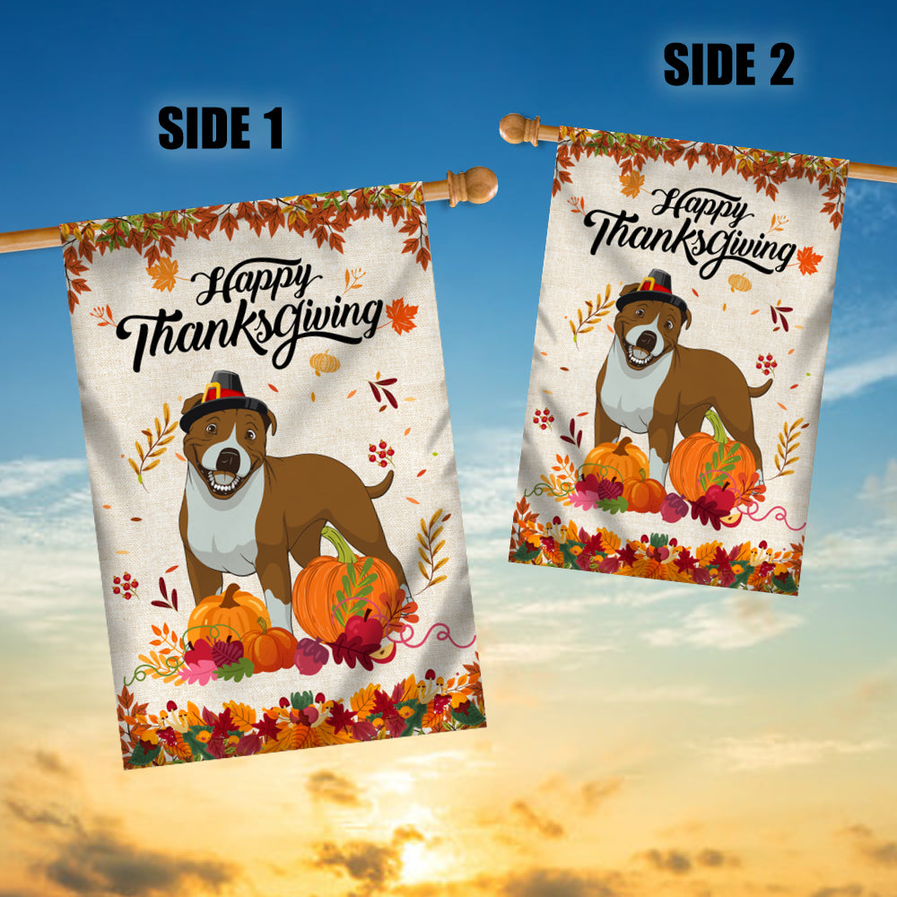 Happy Thanksgiving Funny Pitbull Flag Fall Pumpkin Farmhouse Autumn Thanksgiving Flag | Teecentury.com