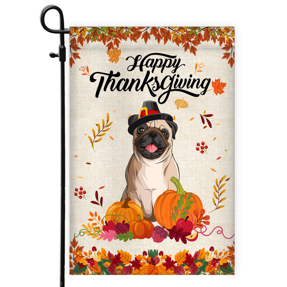 Happy Thanksgiving Funny Pug Flag Fall Pumpkin Farmhouse Autumn Thanksgiving Flag | Teecentury.com