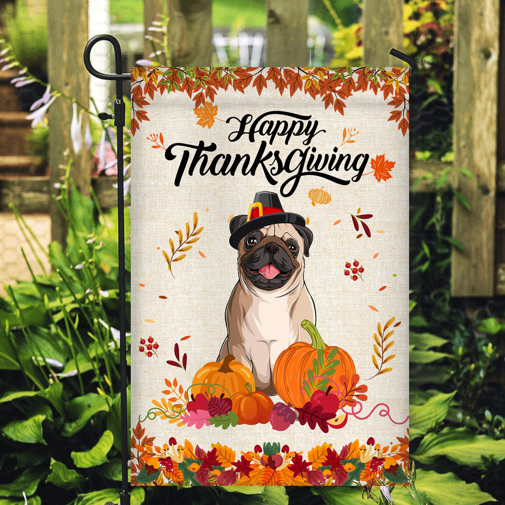 Happy Thanksgiving Funny Pug Flag Fall Pumpkin Farmhouse Autumn Thanksgiving Flag | Teecentury.com