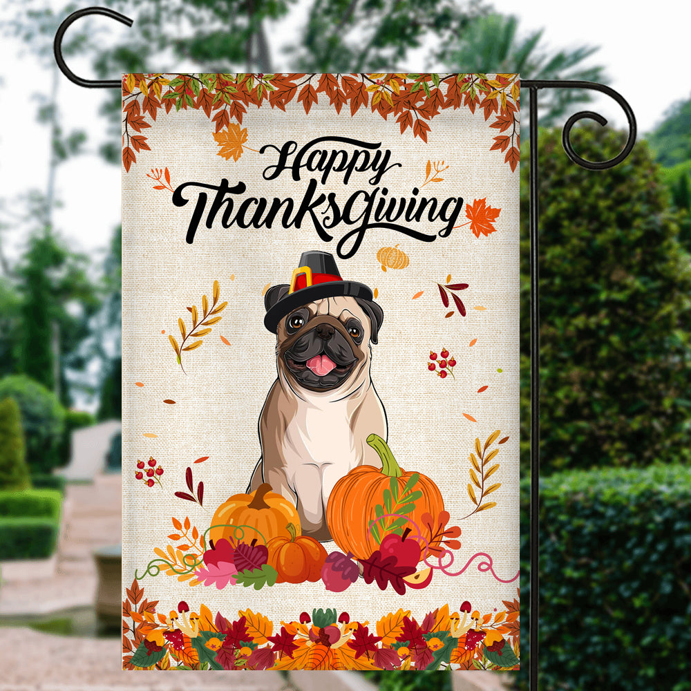 Happy Thanksgiving Funny Pug Flag Fall Pumpkin Farmhouse Autumn Thanksgiving Flag | Teecentury.com