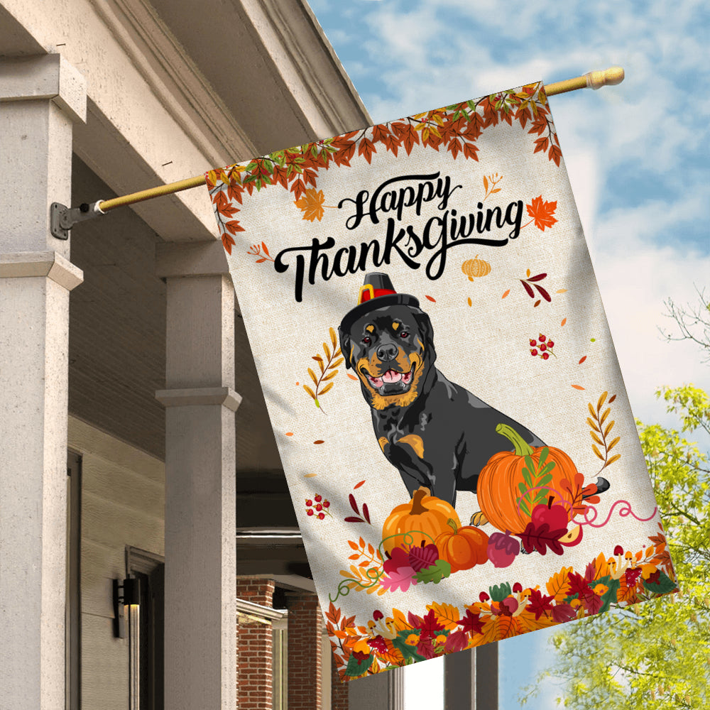 Happy Thanksgiving Funny Rottweiler Flag Fall Pumpkin Farmhouse Autumn Thanksgiving Flag | Teecentury.com
