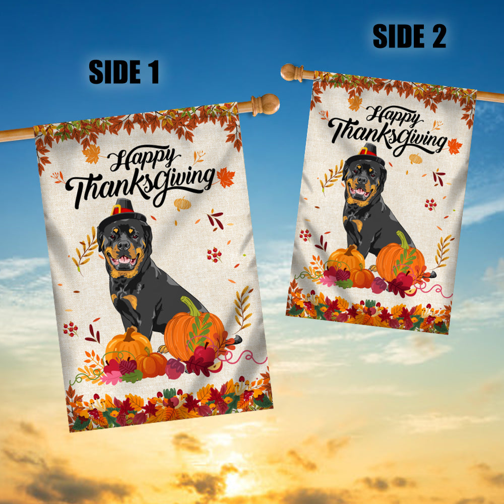 Happy Thanksgiving Funny Rottweiler Flag Fall Pumpkin Farmhouse Autumn Thanksgiving Flag | Teecentury.com