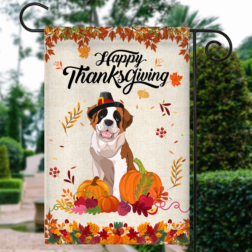 Happy Thanksgiving Funny Saint Bernard Flag Fall Pumpkin Farmhouse Autumn Thanksgiving Flag | Teecentury.com