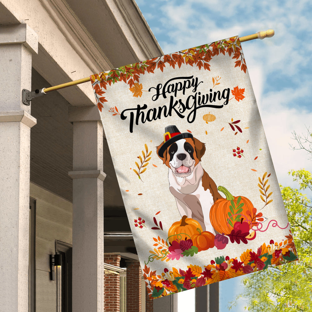 Happy Thanksgiving Funny Saint Bernard Flag Fall Pumpkin Farmhouse Autumn Thanksgiving Flag | Teecentury.com