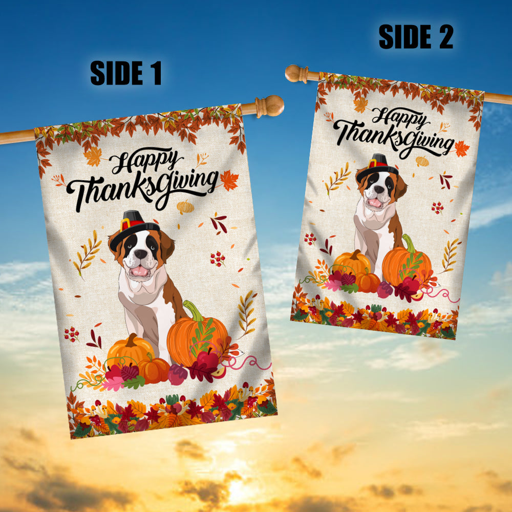 Happy Thanksgiving Funny Saint Bernard Flag Fall Pumpkin Farmhouse Autumn Thanksgiving Flag | Teecentury.com