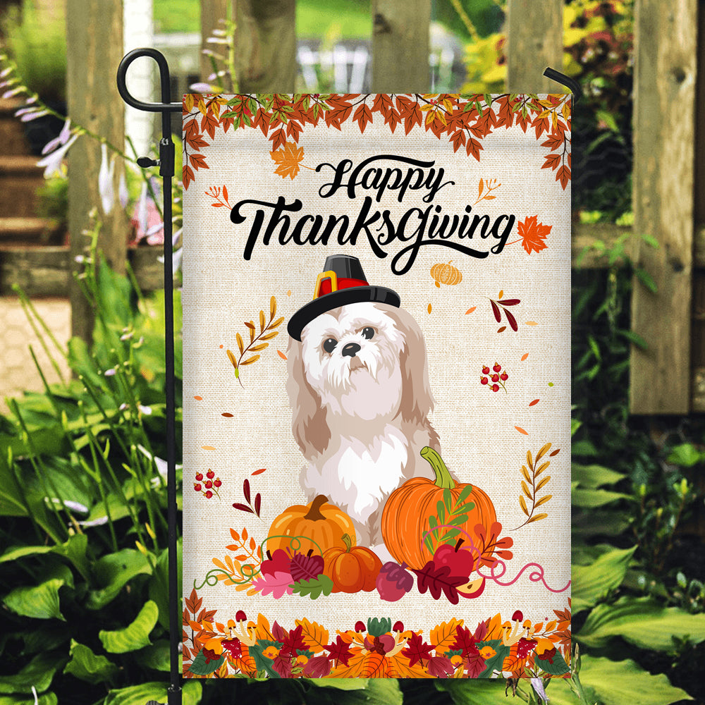 Happy Thanksgiving Funny Shih Tzu Flag Fall Pumpkin Farmhouse Autumn Thanksgiving Flag | Teecentury.com