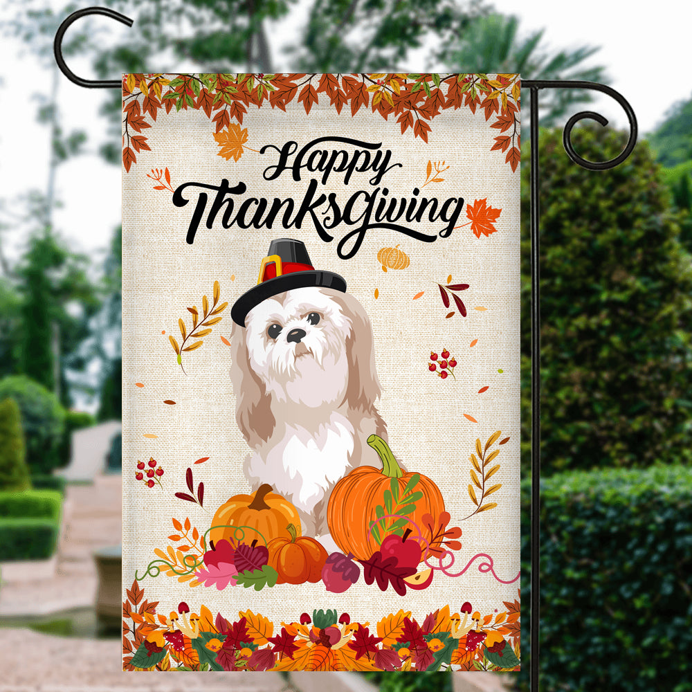 Happy Thanksgiving Funny Shih Tzu Flag Fall Pumpkin Farmhouse Autumn Thanksgiving Flag | Teecentury.com